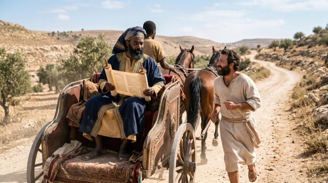 Man apostle Philip preaching to an Ethiopian eunuch sitting in a chariot on a desert road. Scene from the Book of Acts representing a biblical encounter and teaching of scripture.