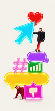 Business concept of social media feedback with like and dislike icons interaction. Clean background, bold composition, copy space, fits analytics, user experience, digital marketing