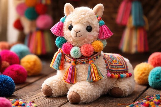 Handcrafted plush llama featuring multicolored tassels and pom poms