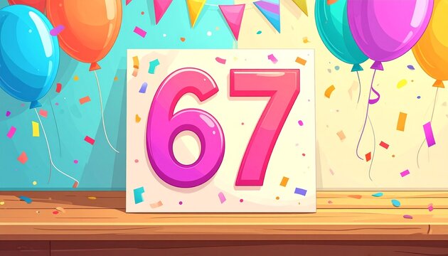 Birthday or anniversary card with number 67. Cartoon illustration with bright colors and balloons