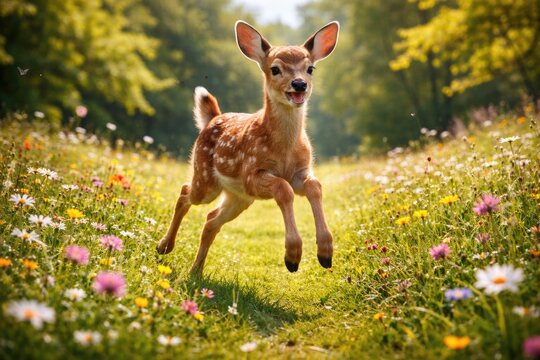 Delighted pet fawn running across a richly flowered lawn with thriving greenery on a radiant summer day full length view