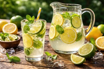Fototapeta premium Chilled lemon lime lemonade presented in glass and pitcher with fresh citrus on textured wooden table