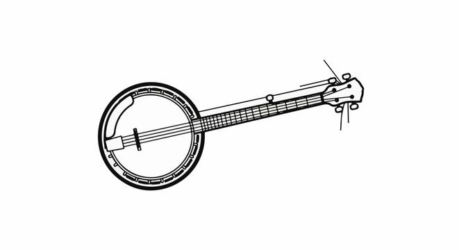 Line drawing of a banjo with circular body, neck, and headstock