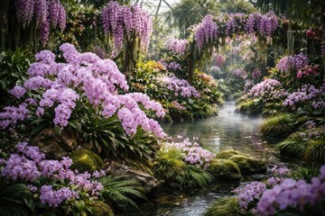 Obraz premium Orchid exhibit with lavender flowers thriving in a detailed garden scene