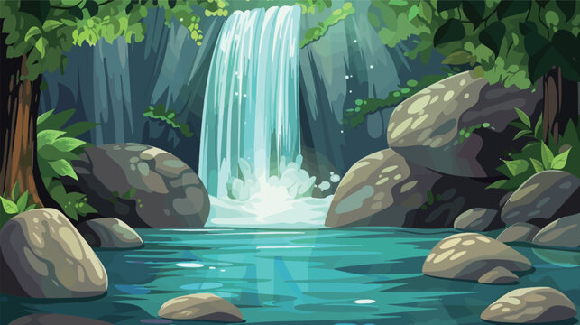 Abstract vector design of a shimmering waterfall cascading in nature, showing flowing water, river stream cascade motion and liquid flow with glowing shimmer in a serene landscape background