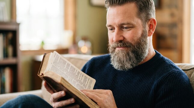 Man reading the Bible focusing on the Acts of the Apostles chapter 8. A Christian studying holy scripture about Philip and the Ethiopian eunuch. Biblical study and religious faith concept.