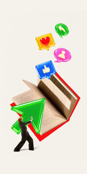 Man pushing open book with digital icons flying out concept knowledge sharing and online learning. Clean background, creative layout, copy space, fits education, e learning, digital content