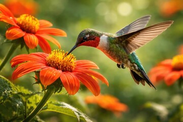 Obraz premium Energetic hummingbird enjoying nectar from vivid Mexican sunflower flowers