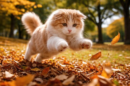 Lively lop eared cat pouncing on leaves in park