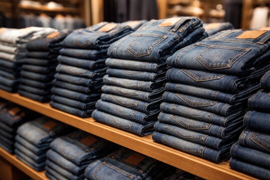 Neatly stacked blue denim jeans perfect for clothing store display