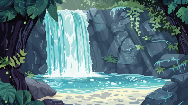 Abstract vector design of a shimmering waterfall cascading in nature, showing flowing water, river stream cascade motion and liquid flow with glowing shimmer in a serene landscape background