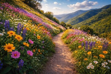 Obraz premium Vibrant spring flowers flourishing along a scenic hiking path with lush hillside views