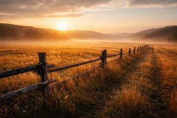 Obraz premium Golden dawn highlights vast grassy plains enclosed by a timeworn wooden fence