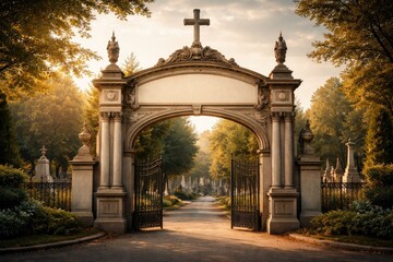 Obraz premium Decorative Catholic cemetery entrance including copy space for text