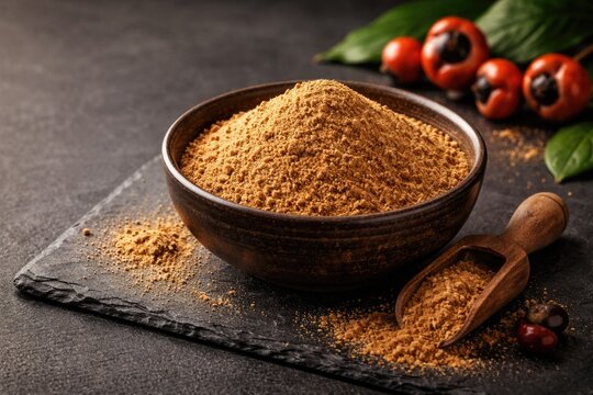 Close up of guarana powdered natural supplement in a cup set on a matte slate surface with copy space
