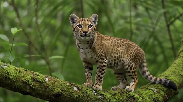 Ocelot Kitten Standing on Mossy Branch in Lush Green Forest