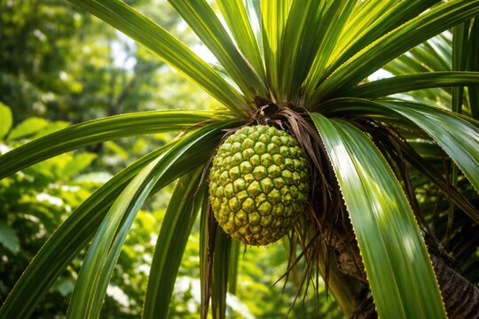 Detailed view of pandanus tectorius with fresh green leafy background