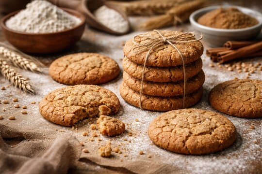 Baked Atta cookies featured in artistic compositions on bare surface