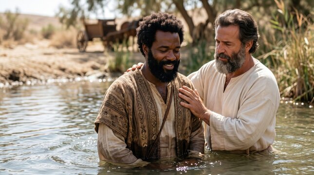 Philip apostle baptizing Ethiopian eunuch in river. Biblical scene from Acts of Apostles. Prophet performing baptism ritual for treasurer of Kandake queen. Ancient historical religious event.
