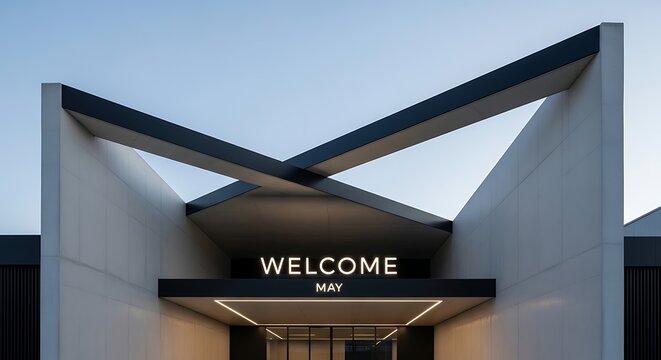 Modern entrance with welcome sign under dramatic triangular roof architecture