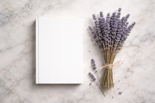 Arrangement of blank white book and dried lavender flowers on light marble surface for design presentation