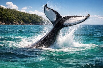 Naklejka premium Energetic humpback whale pet tail play on bright green ocean water summer day