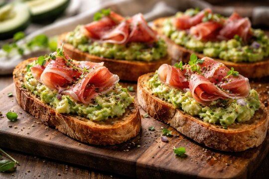 Crisp bruschetta topped with savory ham and avocado spread