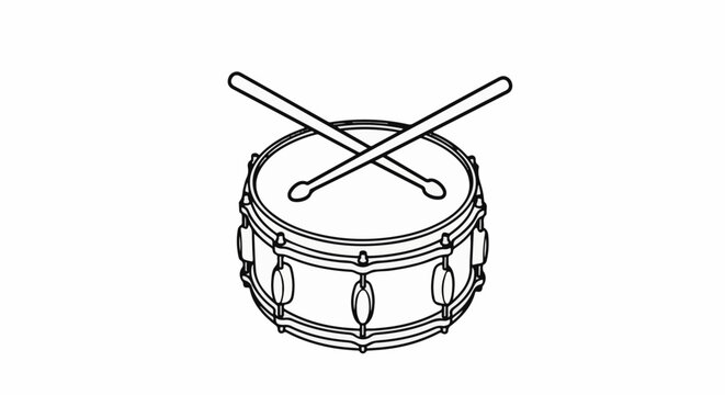 Minimalist outline of a snare drum with two crossed drumsticks on top