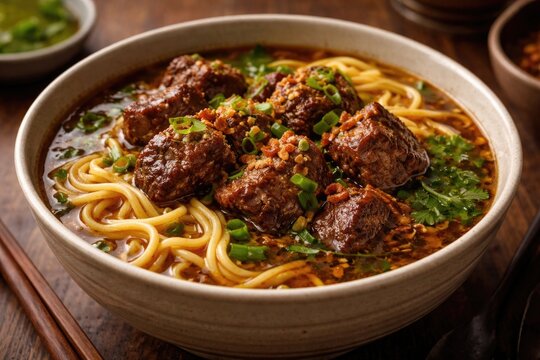 Hearty serving of Filipino Beef Pares Mami with succulent beef pieces and egg noodles