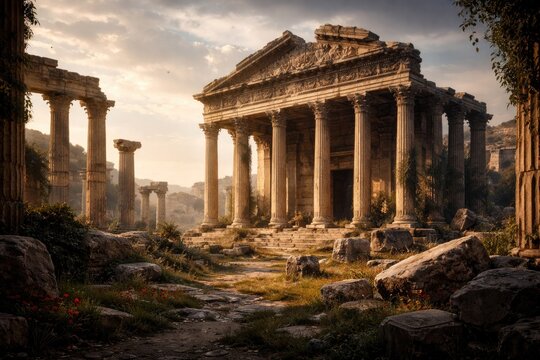 Ancient temple ruins with tall columns and decorative pediments in classical style