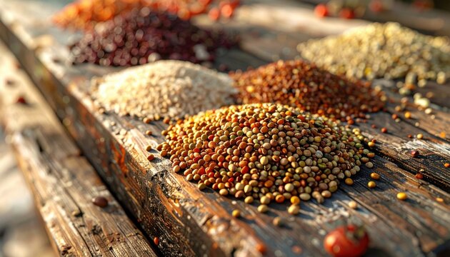A diverse collection of heirloom seeds artfully arranged on a rustic wooden surface, showcasing natural textures and variety for culinary use.