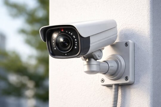 Contemporary surveillance camera for public safety mounted on white wall