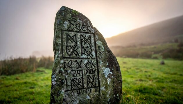 An ancient Celtic Ogham script intricately carved vertically onto a weathered stone in a misty outdoor landscape at sunrise.