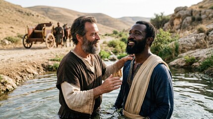 Fototapeta premium Philip the Evangelist baptizing the Ethiopian eunuch in a desert stream. Biblical scene from Acts 8 depicting the conversion and baptism of the treasurer of Queen Candace.