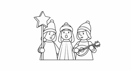 Obraz premium Three cartoon children in hats singing and playing music