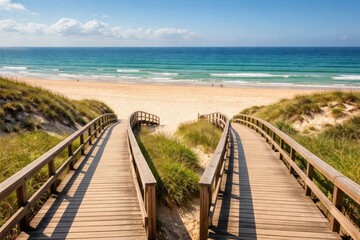 Fototapeta premium Elevated view of two wooden pathways branching out to a broad sand beach with sea and sky backdrop
