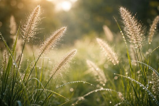 Blurry background framing cogon grass shimmering with fresh morning dew in calm light