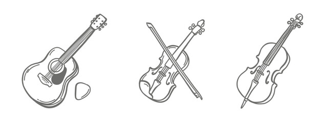 Naklejka premium Musical string instruments line art set featuring an acoustic guitar with a pick, a violin with a bow, and a cello. Elegant minimalist design for music schools, concerts, and artistic branding.