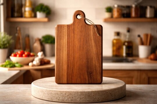 Kitchen scene with wooden board displayed on pedestal and soft blurred background for mockup