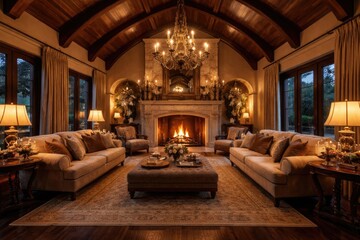 Obraz premium Opulent living room interior with vaulted ceiling and fire glowing in fireplace