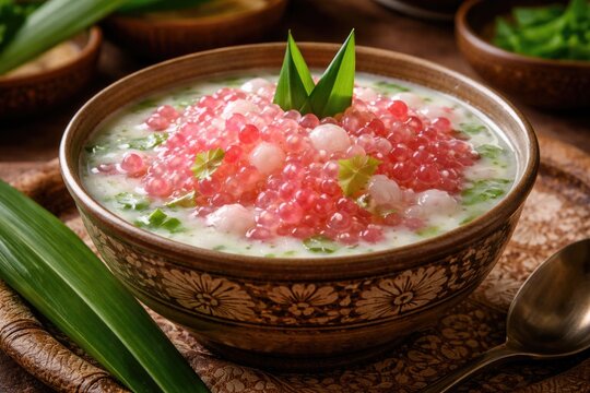 Authentic Bubur Pacar Cina with sago pearls and pandan essence served in traditional Indonesian bowl