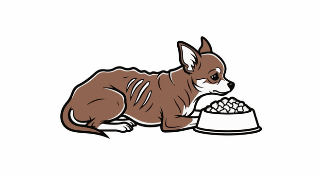 Thin, sad chihuahua rests near a full bowl of food, isolated on white