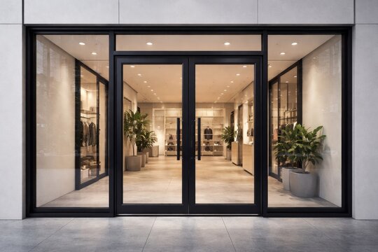 Black aluminium framed glass entrance isolated with background for modern retail interior concepts
