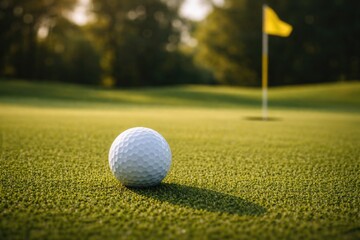 Obraz premium Golf ball positioned on green turf with flag gently out of focus