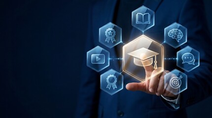 Obraz premium Professional businessman touching glowing digital education interface with gold icons