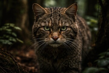 Obraz premium Close up of wild cat with intense gaze in forest