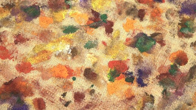 Various multi-colored spots of different shapes from paint brushes with gouache and acrylic paint on the beige burlap fabric, abstract background, top view