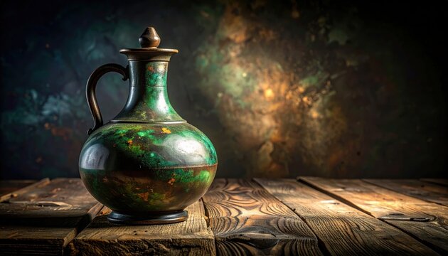 A vintage metallic jug with a green patina displayed on a rustic wooden surface, evoking ancient craftsmanship and historical allure.