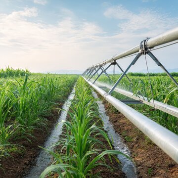 Irrigation system in sugarcane field under clear sky