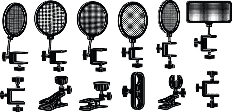 Professional microphone pop filter set with adjustable gooseneck arms and desk clamps for studio recording, podcasting, broadcasting, and high quality audio vocal isolation.
